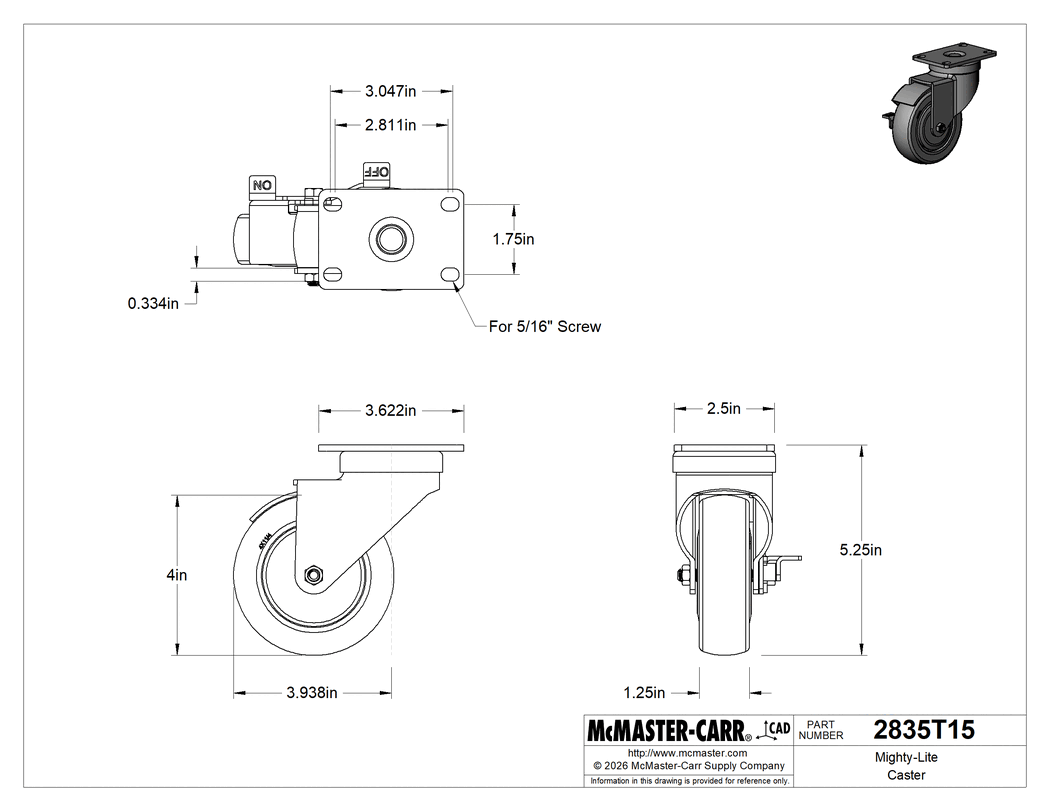 Technical Drawing of Mighty-Lite Caster, 3-5/8" x 2-1/2" Plate, Swivel with Brake and 4" 80A Rubber Wheel.